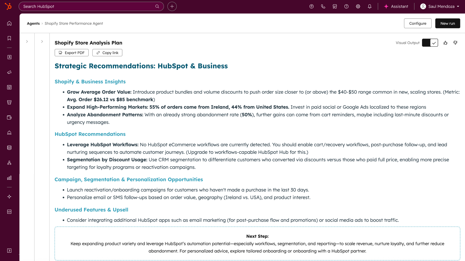 Shopify store performance agent output showing business insights, suggested HubSpot and store recommendations, and next steps