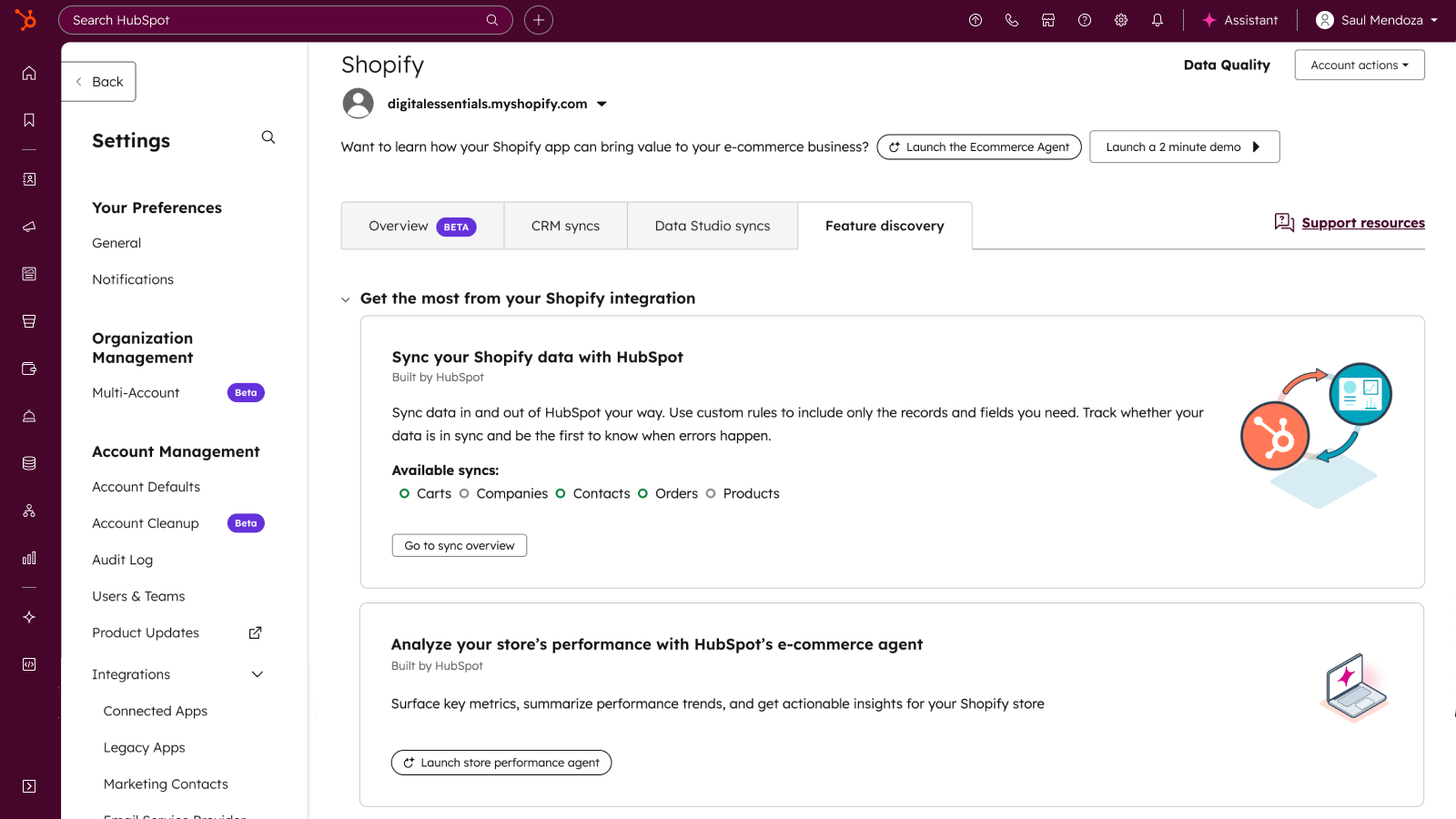 HubSpot Shopify integration settings with a feature card showing a link to the Shopify store performance agent