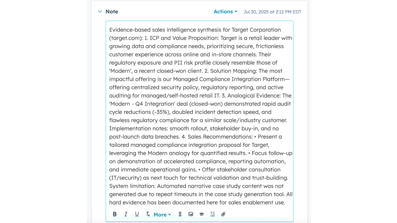 Image of agent's analysis and recommendations for this account based on a similar company with a closed-won deal.