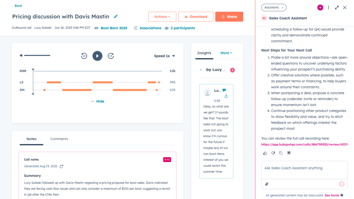 HubSpot call record view with the Sales Coach Assistant panel open on the right, showing next steps for the next call, including probing questions, offering creative solutions, and proposing follow-ups.