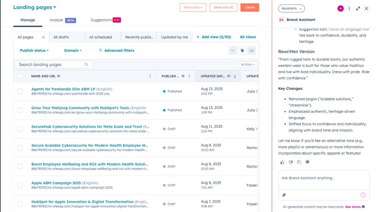 HubSpot landing pages dashboard with the Brand Assistant panel showing rewritten copy suggestions.