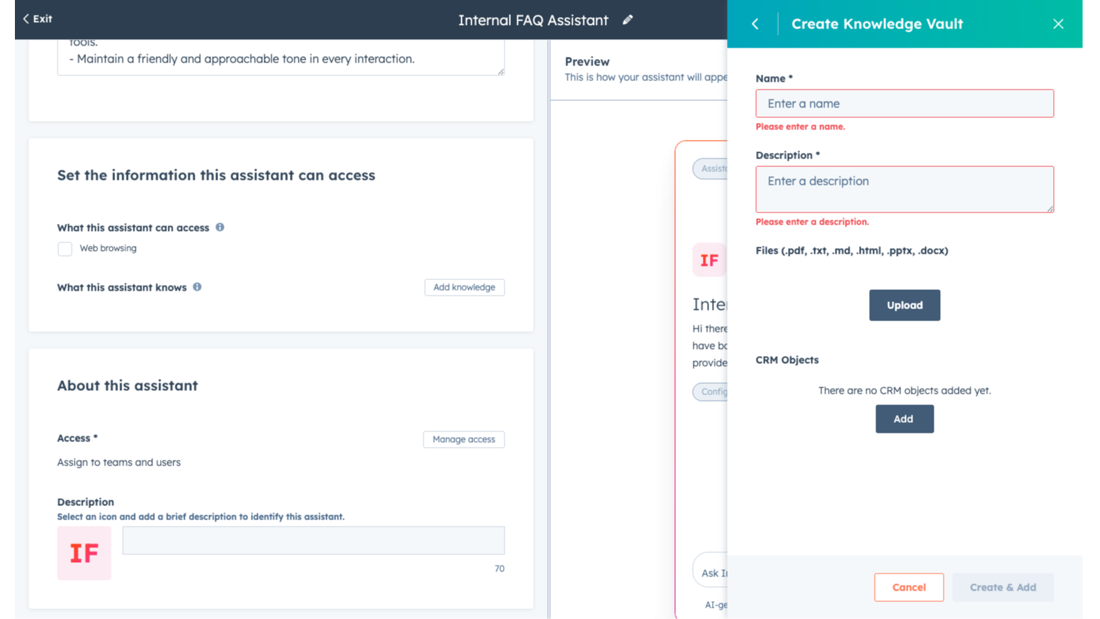 HubSpot Internal FAQ Assistant setup screen with a side panel open to create a Knowledge Vault, showing fields for name, description, file upload, and CRM object options.