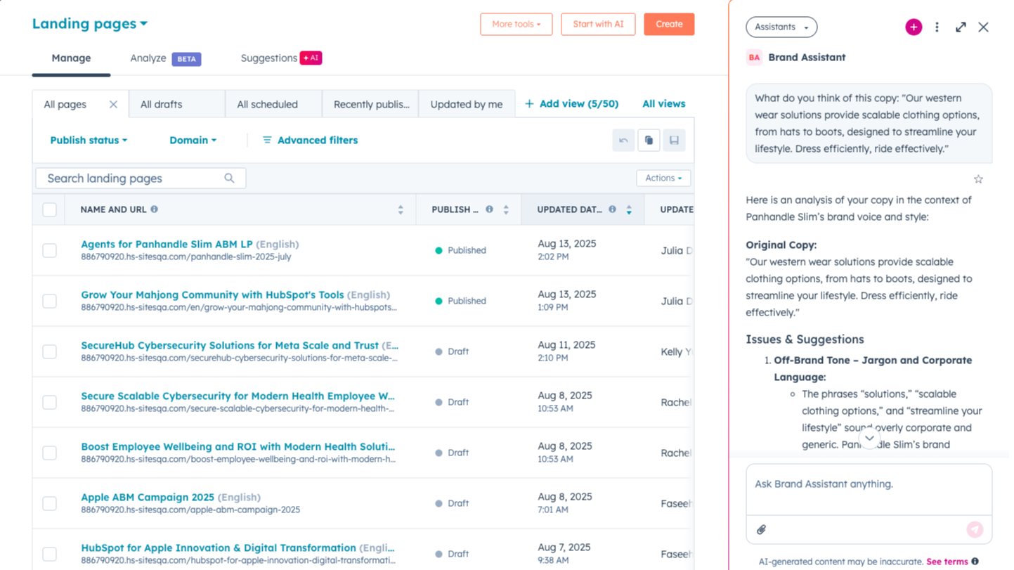 The Brand assistant provides feedback on how well the copy aligns with this company's defined brand voice.