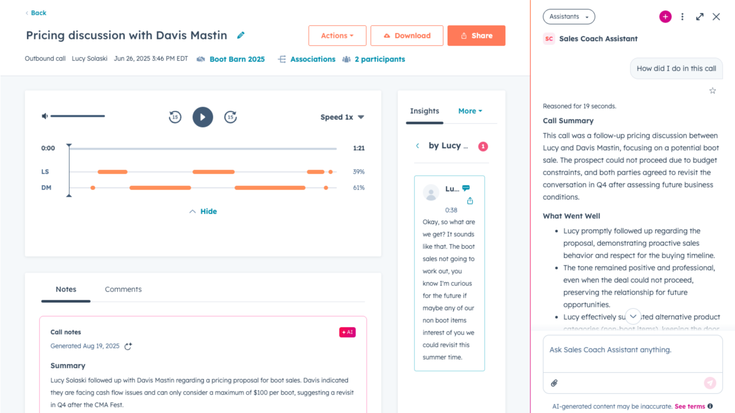 HubSpot call record view with the Sales Coach Assistant panel open on the right, showing a call summary and feedback on what went well in the conversation.